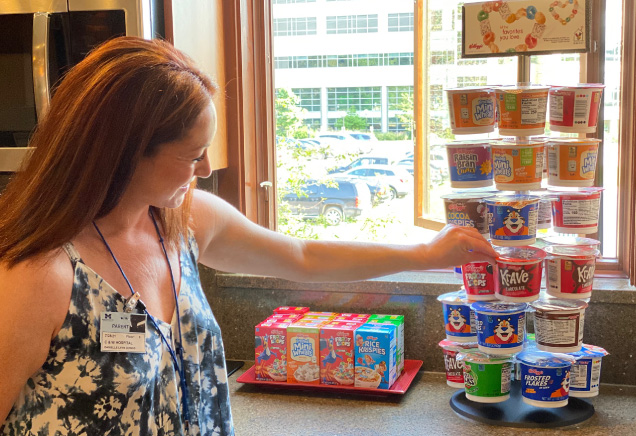 Guest Danielle Downs enjoys cereal donated to our kitchen from wish list supporters.